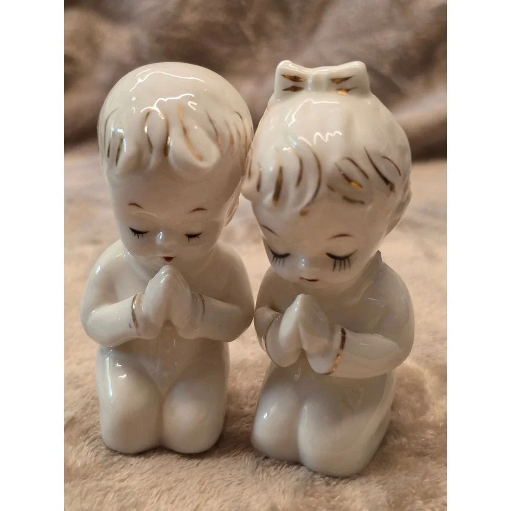 Vintage Praying Boy and Girl Salt and Pepper Shakers Ceramic Gold Gilt Japan